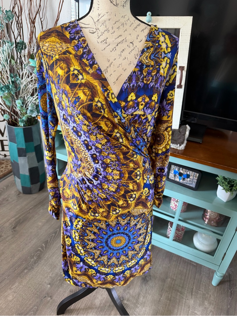 Etcetera Blue and Yellow Long Sleeve Printed Wrap Dress Size 6